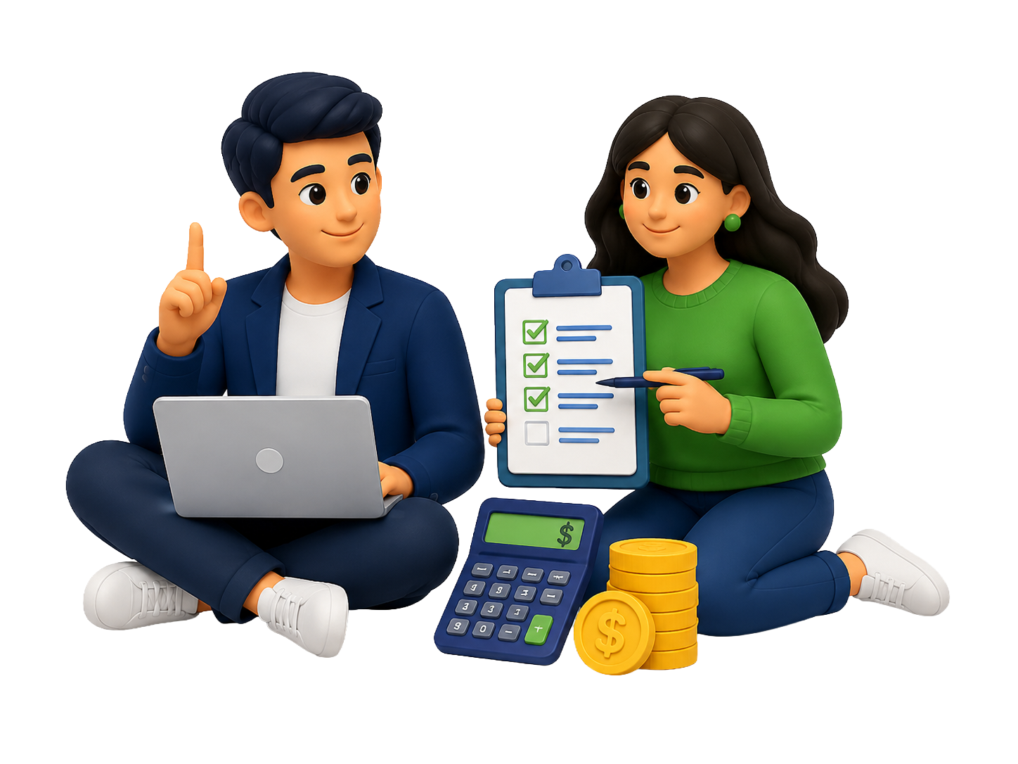 Ilustración de curso virtual de educación financiera con estudiantes, calculadora y monedas