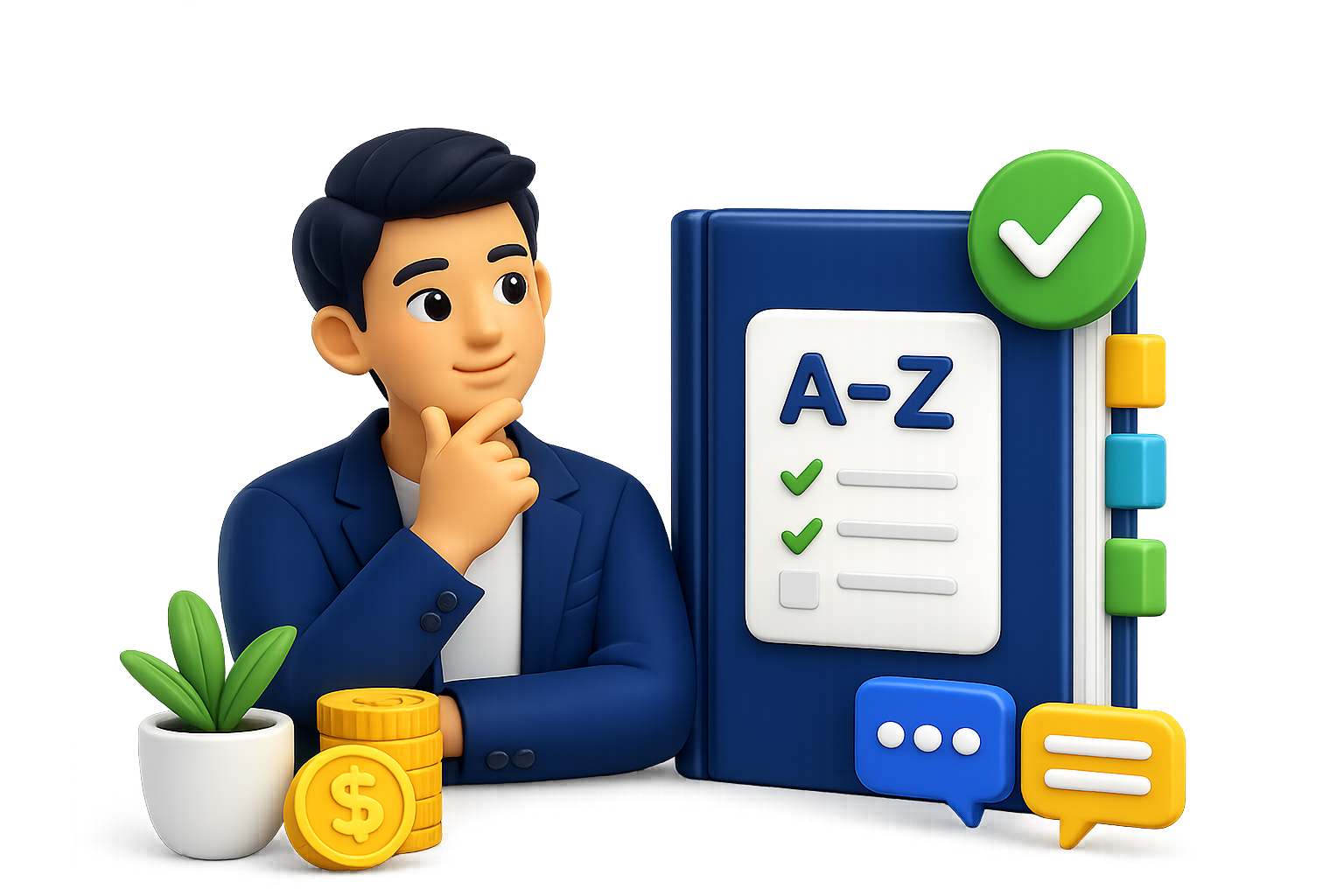 Ilustración de glosario financiero con persona, libro A-Z y monedas